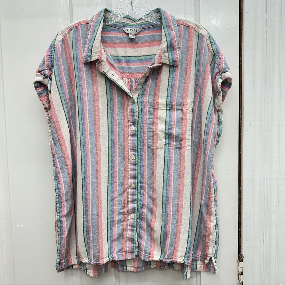 Orvis linen blend button down short sleeve blouse women's‎ xl